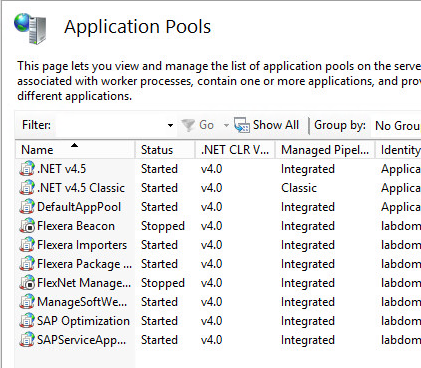 Application Pool in IIS showing that 2 of the pools are in a Stopped state