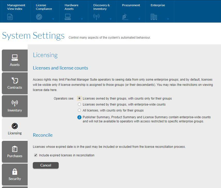System Settings page, Licensing tab