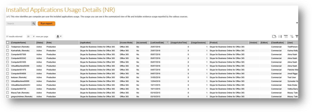 Installed Applications Usage details custom report