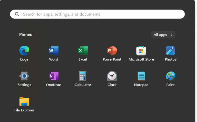 A screenshot of the top of the Start Menu showing a number of applications and a link saying All Apps next to an arrow.