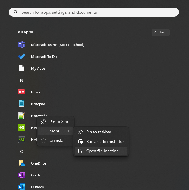 A screenshot of the list of applications with a window over with the More option selected and another window showing the Open File Location selected.