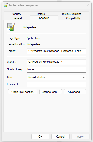 A screenshot of the Properties window of a shortcut, the Target field is in the top half and contains the path to the application ending with the .exe