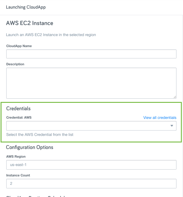 Example for launching an AWS EC2 Instance using the Governance Credential