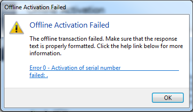 Error 0 - Activation of serial number failed: .