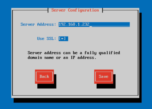Screenshot of the server name and SSL options dialogue in the CSI Virtual Appliance graphical menu.